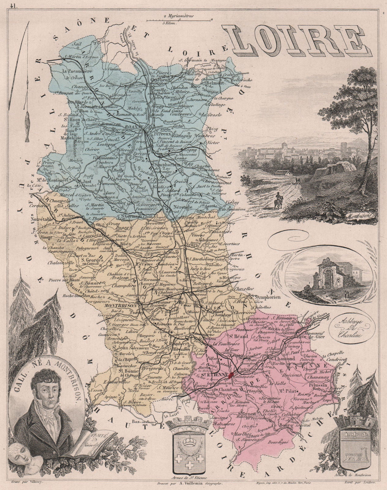 LOIRE. Département. Montbrison. Gall. VUILLEMIN 1879 old antique map chart